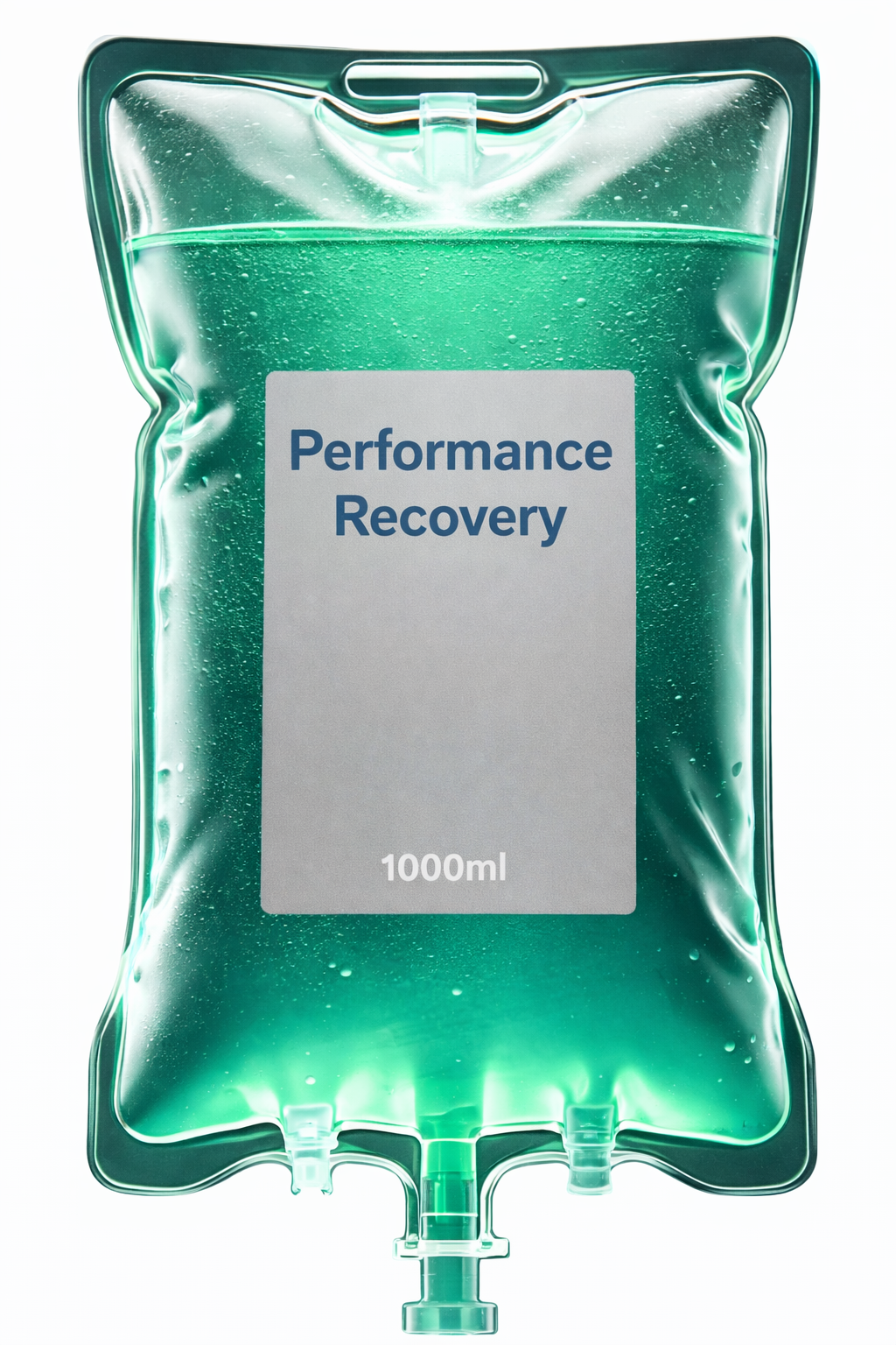 A medical IV bag labeled 'Performance Recovery' with a capacity of 1000ml, containing green liquid.