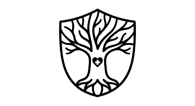 Outline of a shield with a tree with intricate branches and roots, and a small heart with a cross inside at the center of the tree trunk.