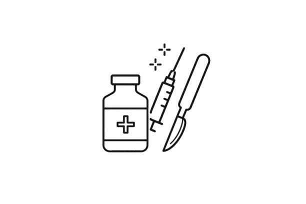 Line drawing of a syringe, thermometer, pill bottle with cross, and a scalpel.
