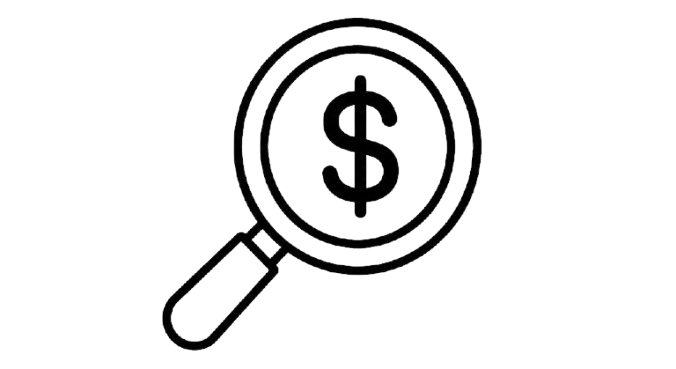 Outline illustration of a magnifying glass with a dollar sign inside it, symbolizing financial search or investigation.