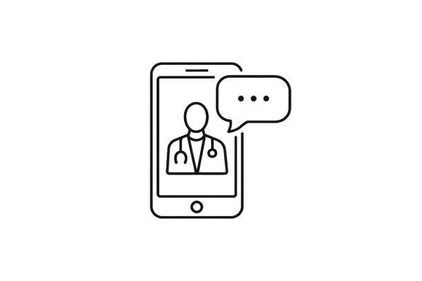 Outline illustration of a smartphone with a doctor's face and a speech bubble.