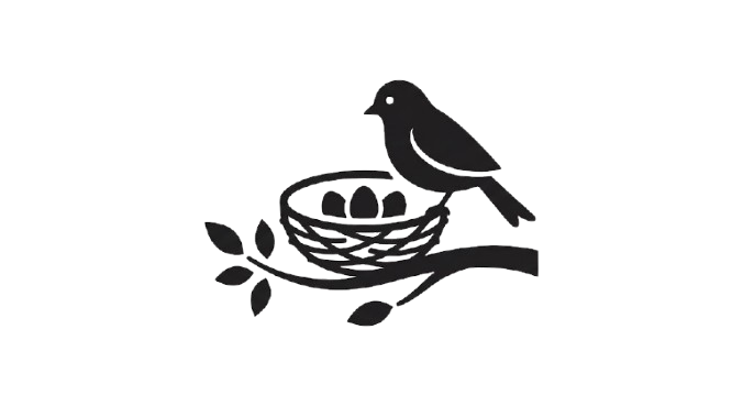 Black bird sitting on a branch with a bird's nest containing three eggs