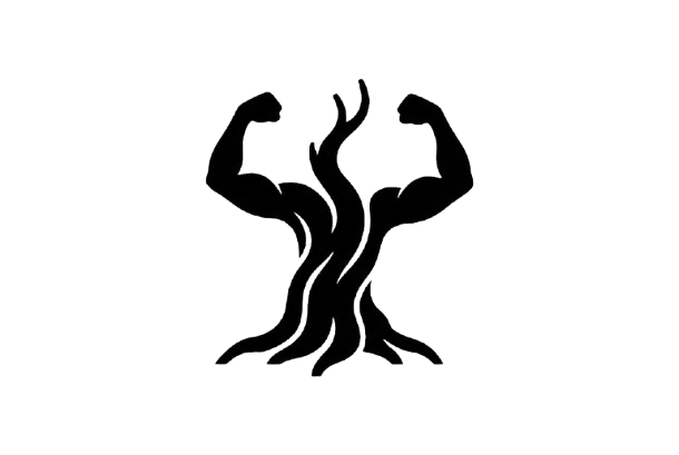 A drawing of a tree with a twisted trunk and two muscular arms extending from the branches, set against a black background.