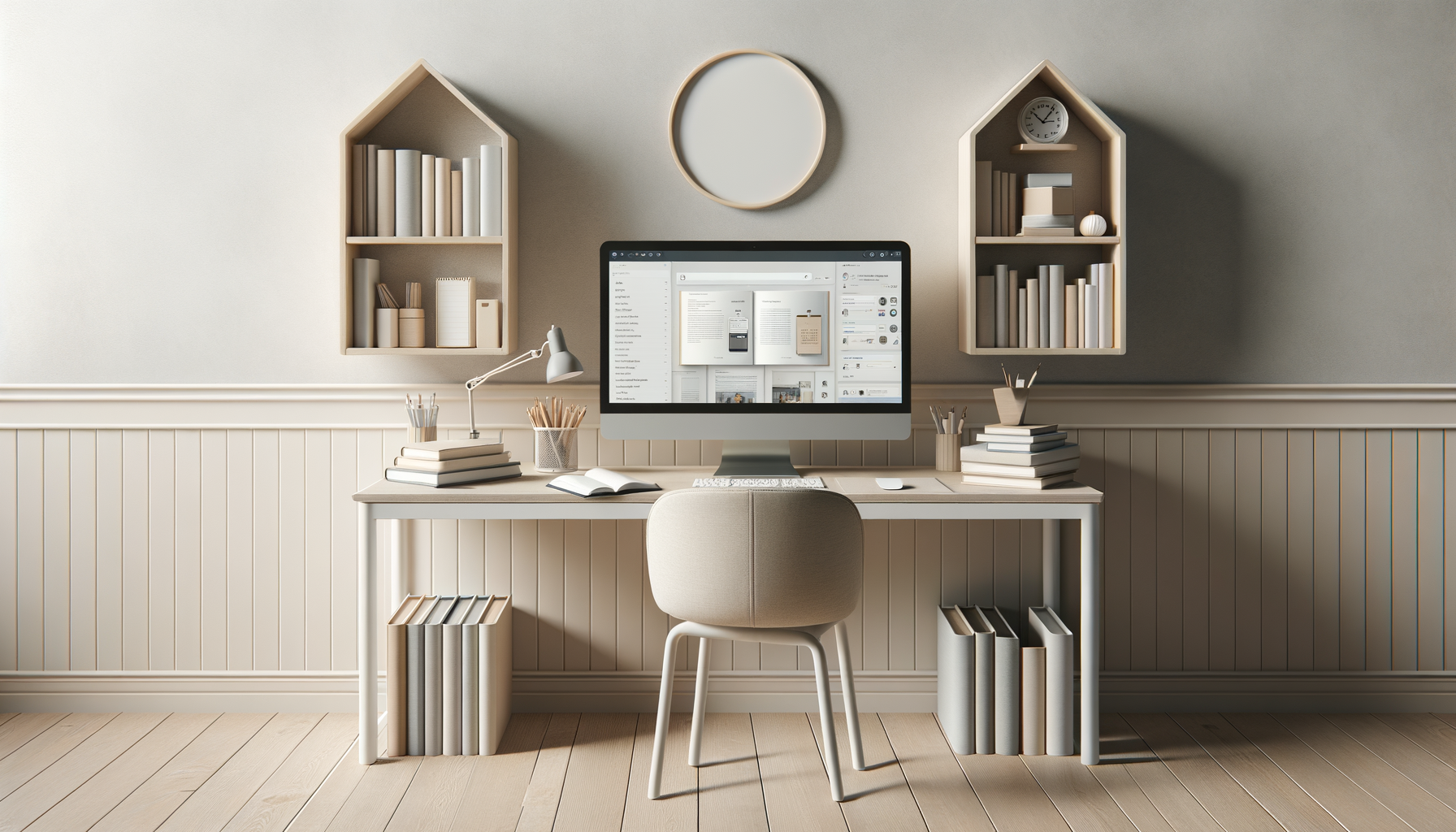 Escritório minimalista com mesa branca, computador, livros, penteadeiras, e prateleiras de formato de casa na parede. Decoração neutra e organizada.