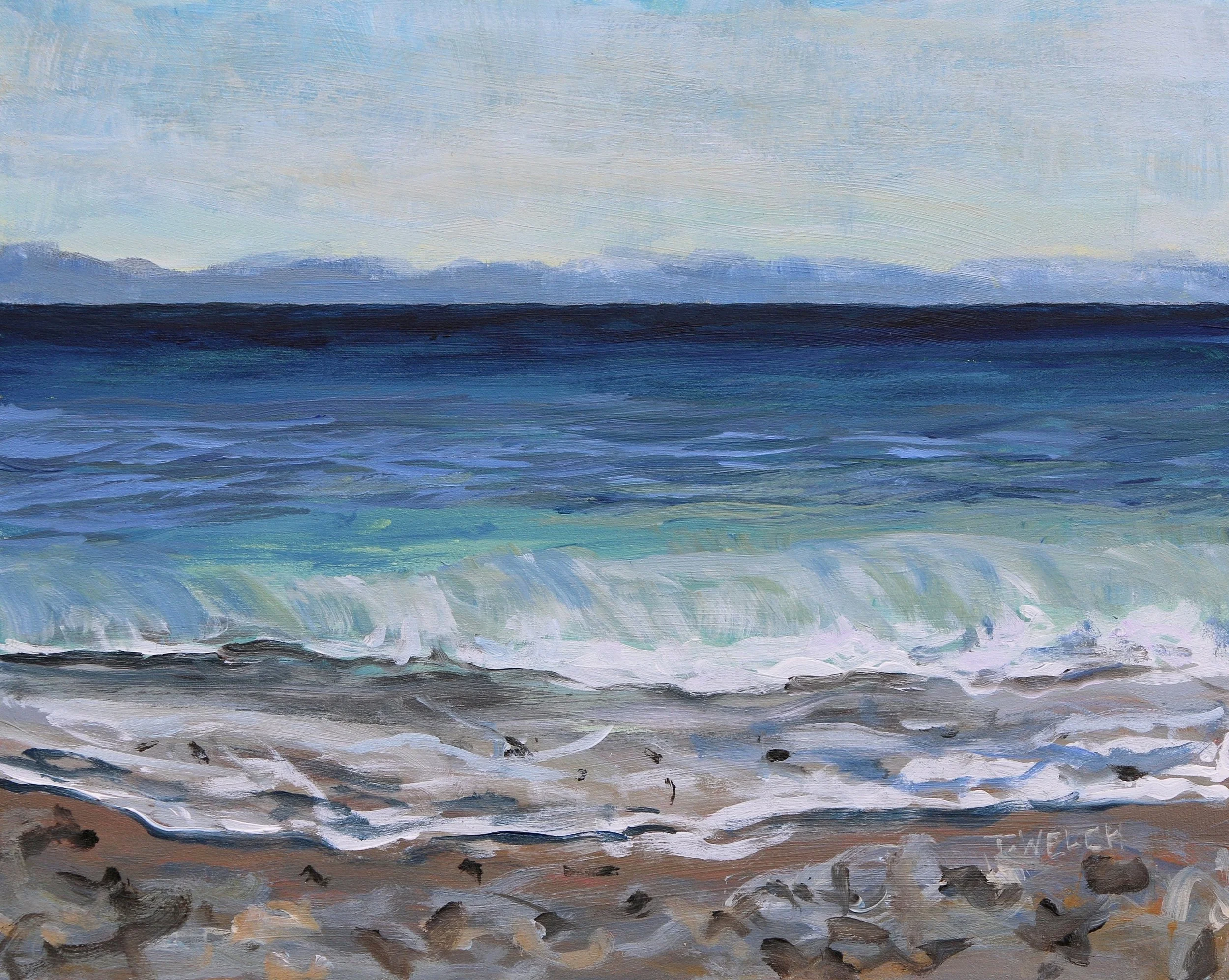 A painting of a seascape with a cloudy sky, distant mountains, and water with small waves.