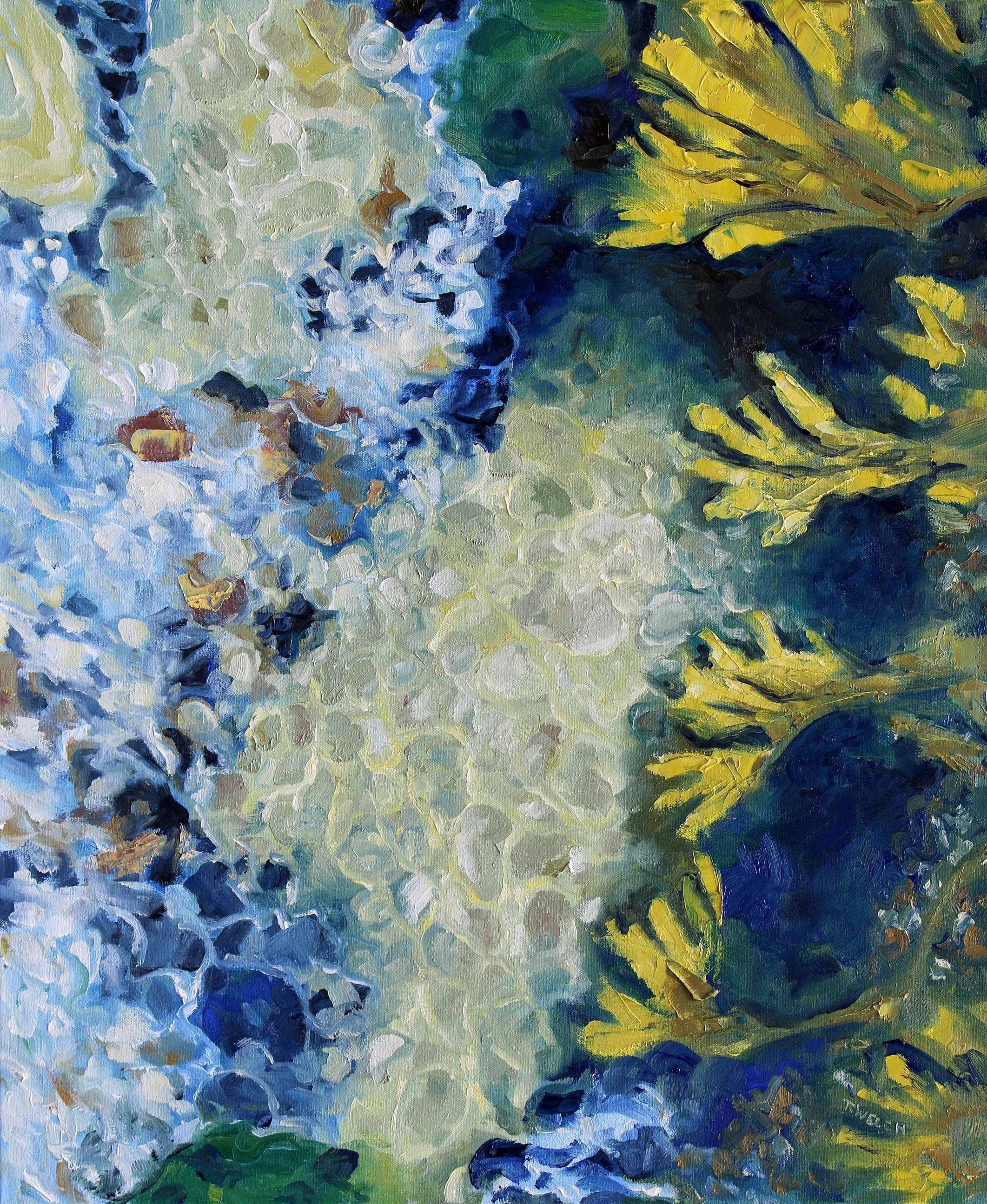 An abstract impressionist painting with a mix of blue, green, yellow, and white brushstrokes, creating a textured blend of colors and shapes.