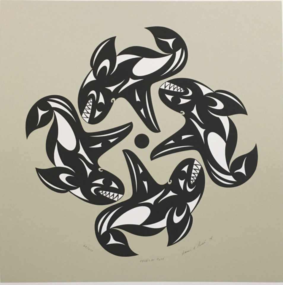Serigraph of four orcas arranged in a circular pattern by Indigenous artist.