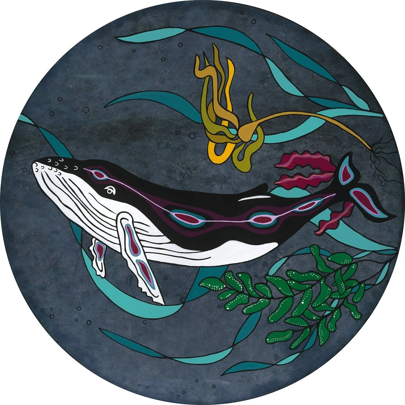 Print of a humpback whale underwater surrounded by aquatic plants, and green seaweed by Indigenous artist.