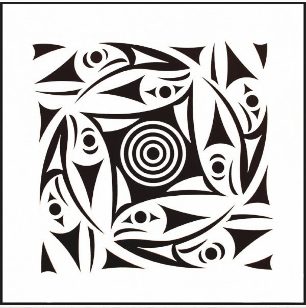 Abstract black and white geometric pattern with concentric circles at the center, surrounded by stylized elongated fish shapes by Indigenous artist.