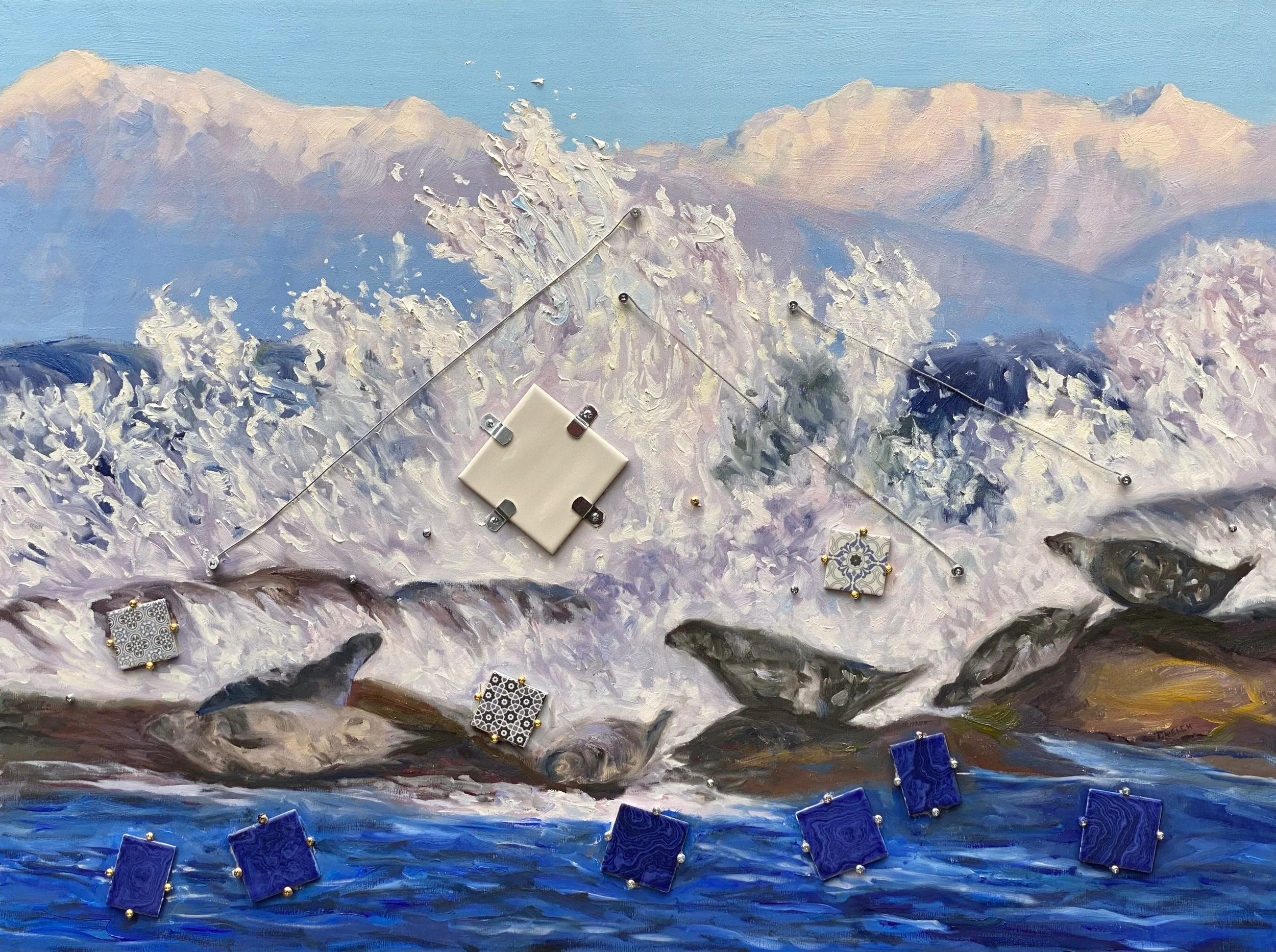 A painting of ocean waves crashing against rocks with a mountain range in the background, seals on rocks and decorated with small pieces of patterned tile and wires.