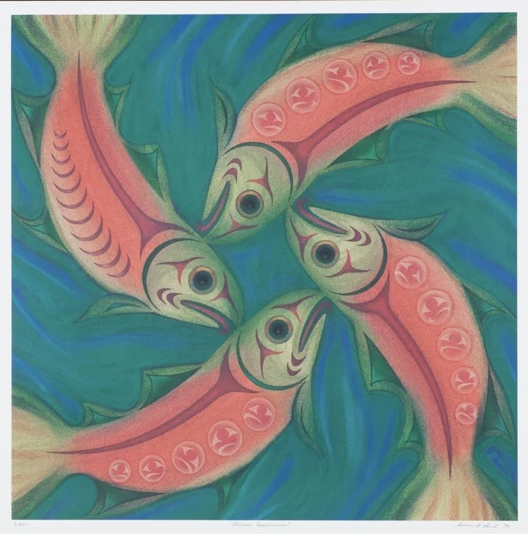 Print of four salmon curved bodies swimming in a circular pattern in a vibrant underwater scene by Indigenous artist.