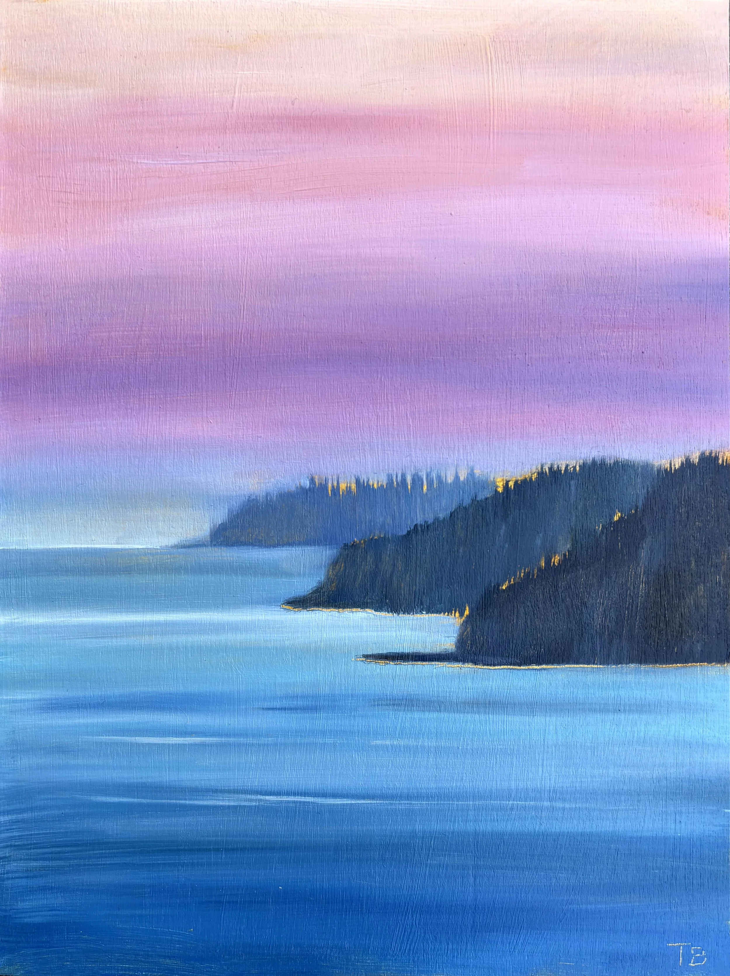 A seascape painting depicting cliffs on the coast during sunset, with a sky transitioning from pink to purple, and water reflecting the colors.