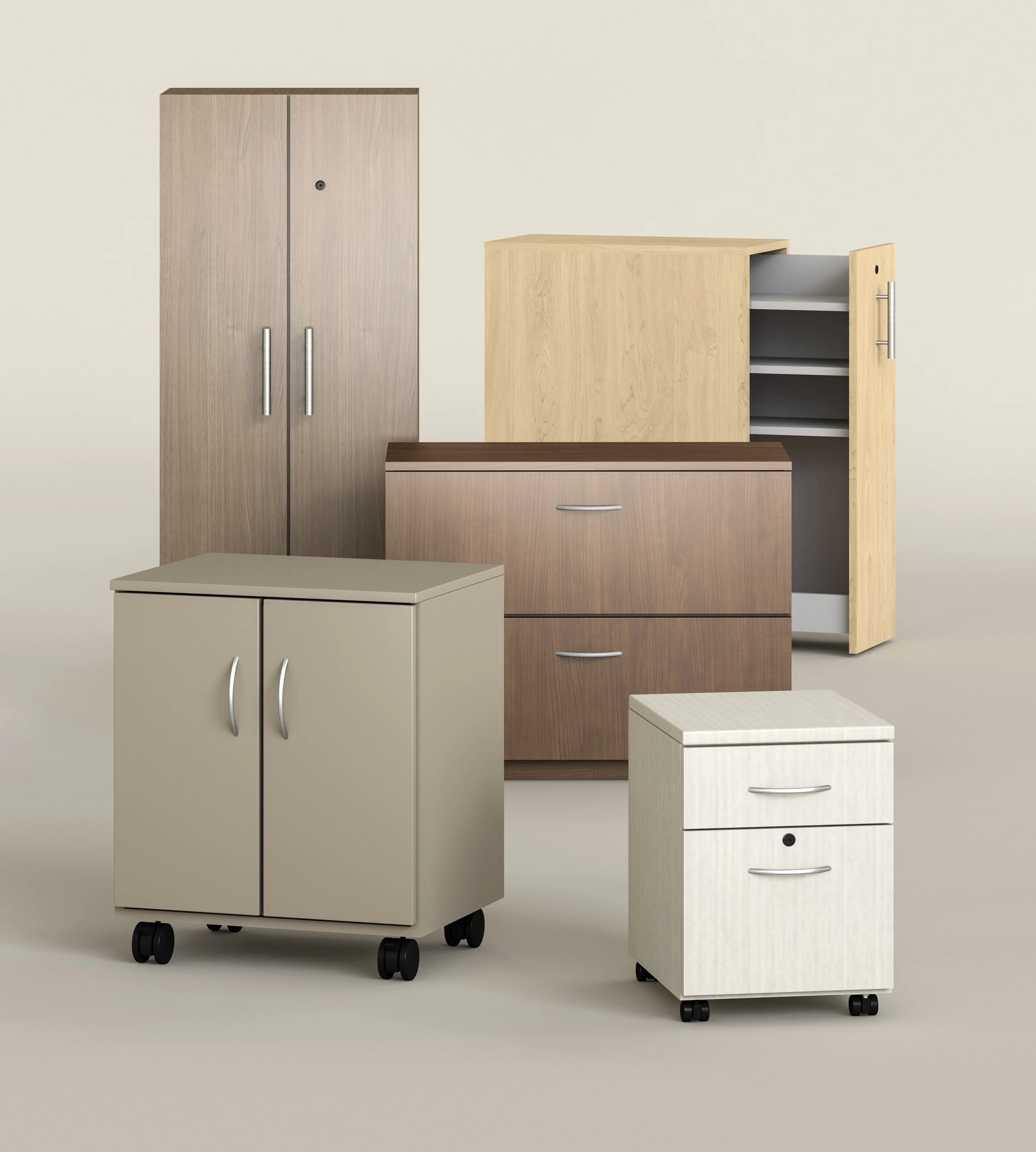 Flairwood by Metalworks laminate casegoods, carts, cabinets, and tables