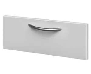 A white cabinet drawer with a curved silver handle.