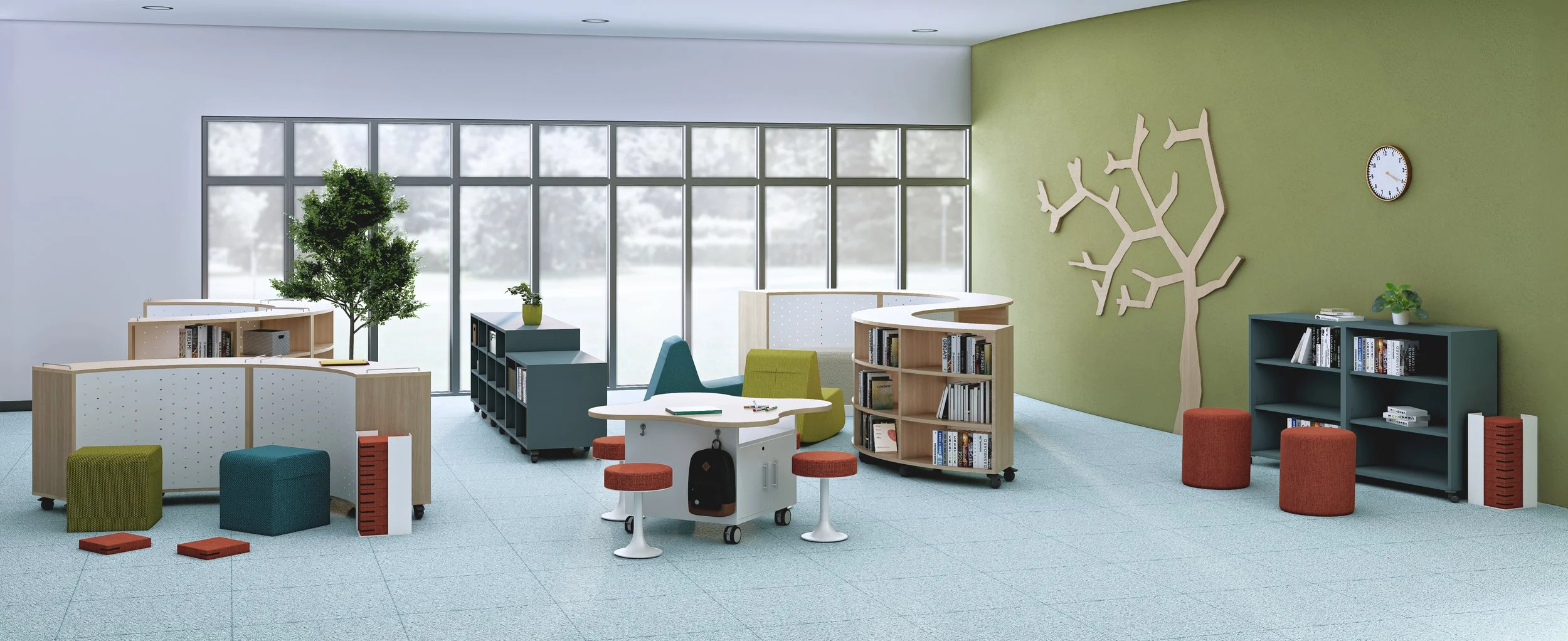 Media center laminate and metal case goods for K-12 education