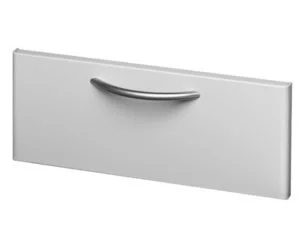 Close-up of a white cabinet drawer with a curved silver handle.
