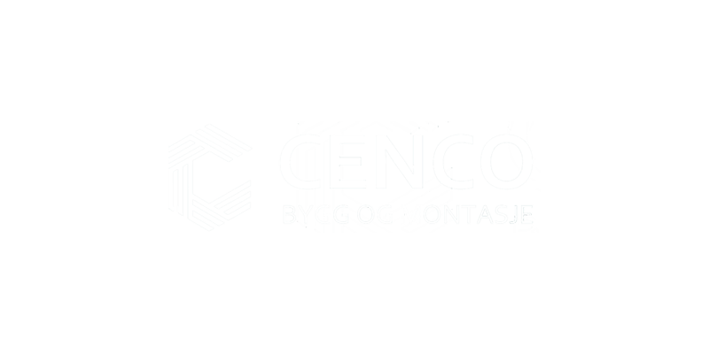 Logo med teksten 'CENCO BYGG OG MONTASJE' og en geometrisk design på venstre side.