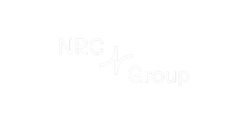 Logo for NRC Group med svart bakgrunn og hvit tekst.