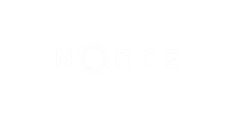 Logo for NORCE med hvite bokstaver og en sirkel av prikker, på svart bakgrunn.