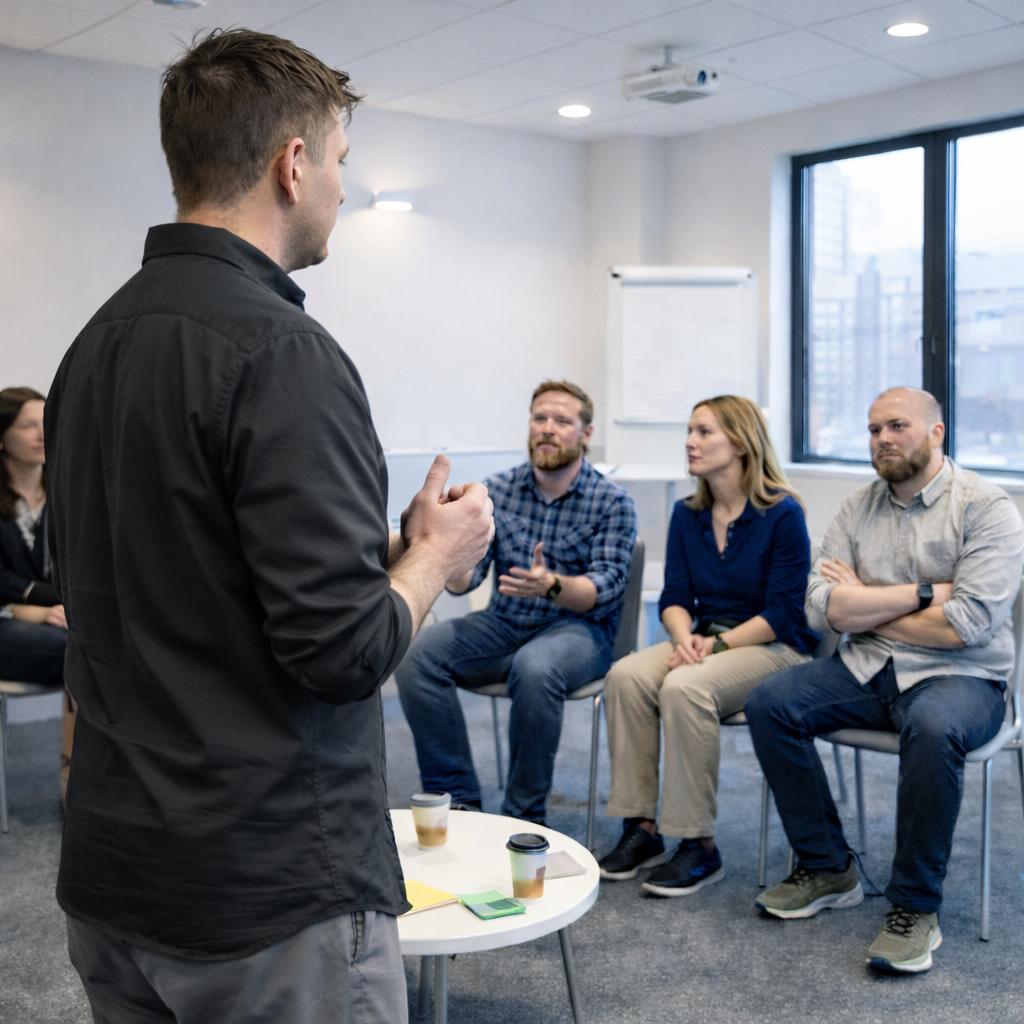 En mann deltar i en gruppeøvelse i et møterom, snakkende med en gruppe mennesker som sitter i en sirkel.