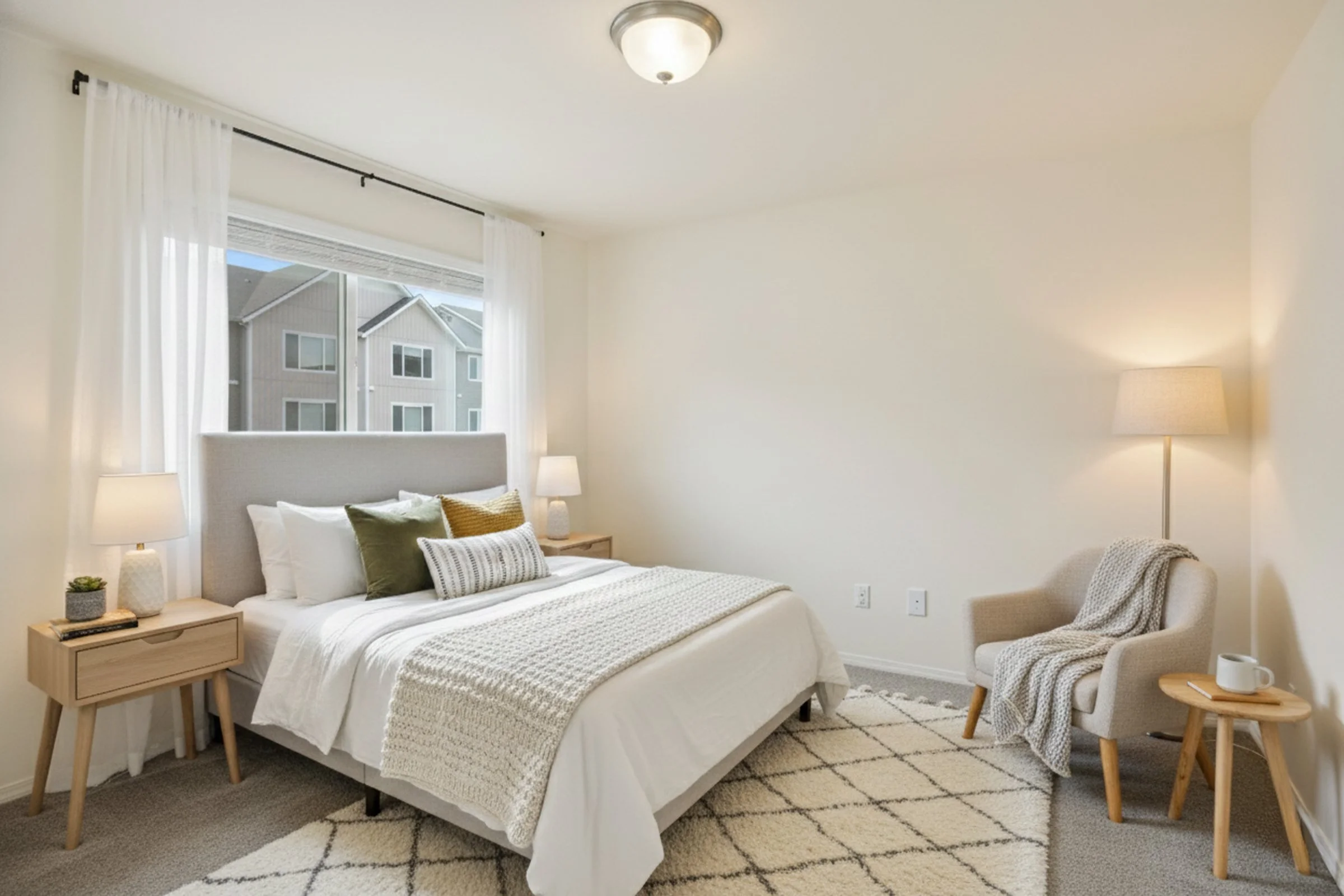 Bright bedroom with a king-sized bed, white bedding, and assorted pillows, flanked by two wooden nightstands with lamps. A cozy armchair with a blanket and side table with a mug are in the corner. Large window with white curtains shows buildings outs