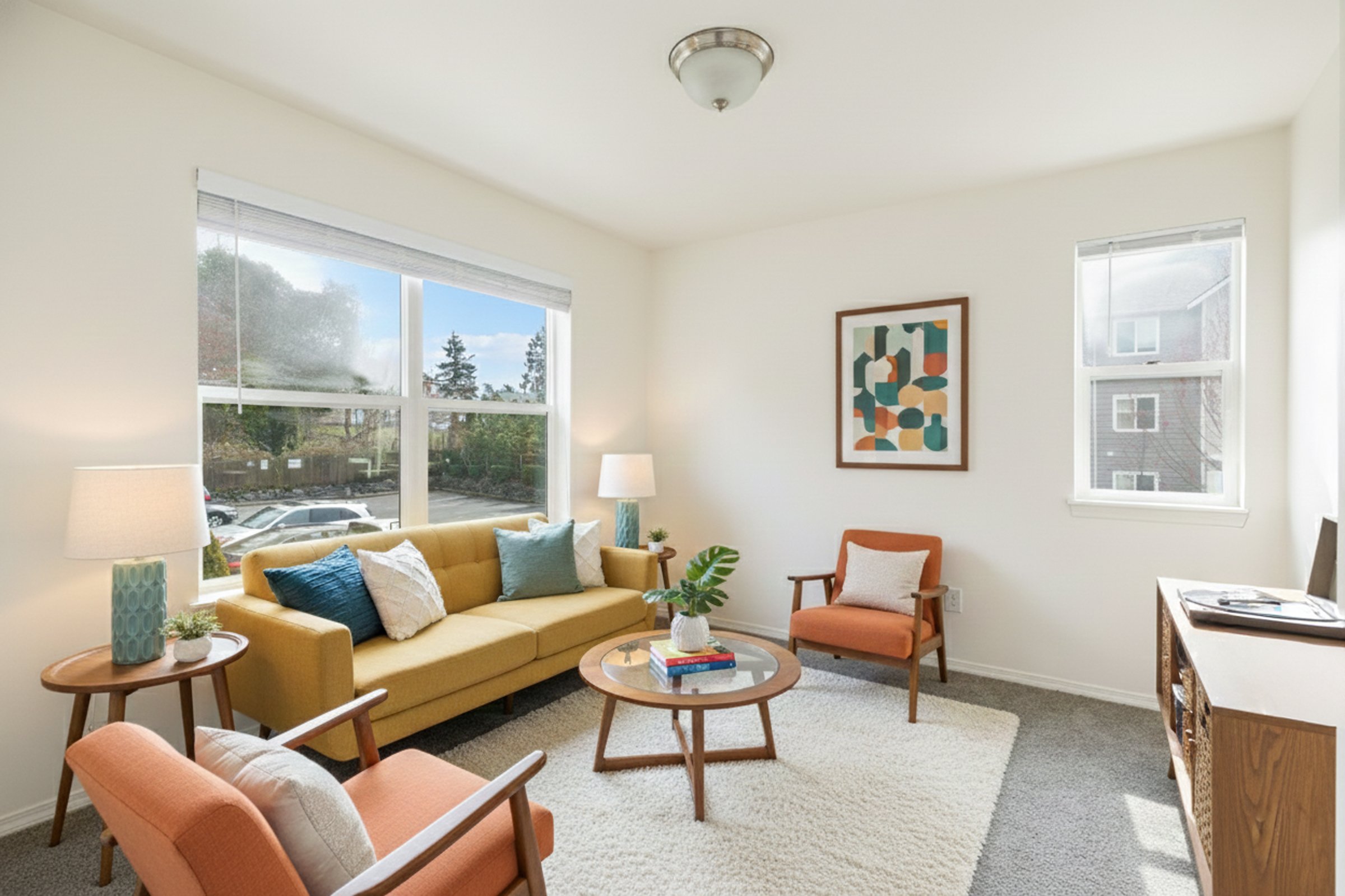 Bright living room with large windows, a yellow sofa with blue and white pillows, a round glass coffee table with books and a plant, two armchairs in peach and orange, a white textured rug, a wooden side table with a lamp, a framed abstract artwork o