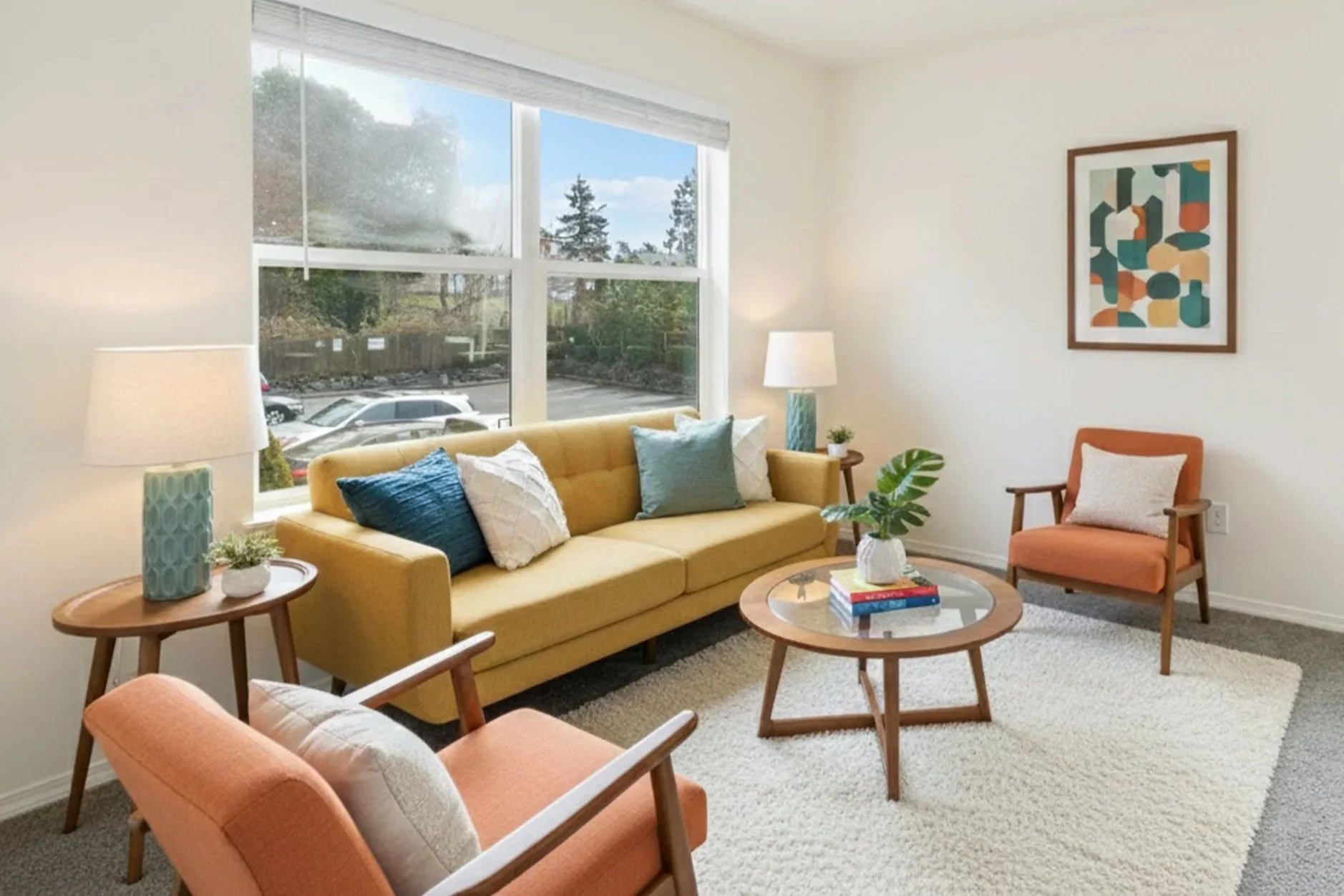 Living room with a yellow sofa, peach armchair, and glass-top coffee table with a plant and books, illuminated by natural light from large windows.