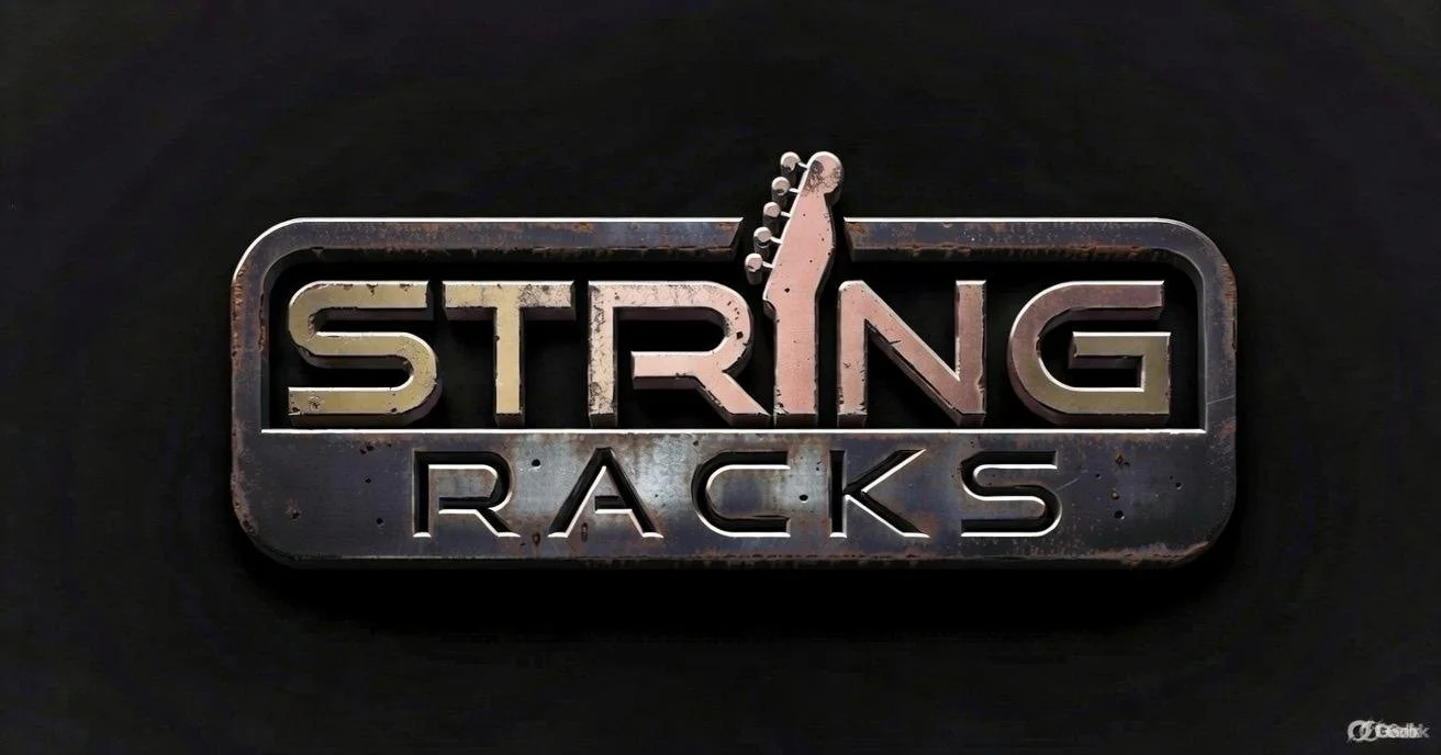 A metal sign for "String Racks" with a guitar neck illustration as part of the design, against a black background.