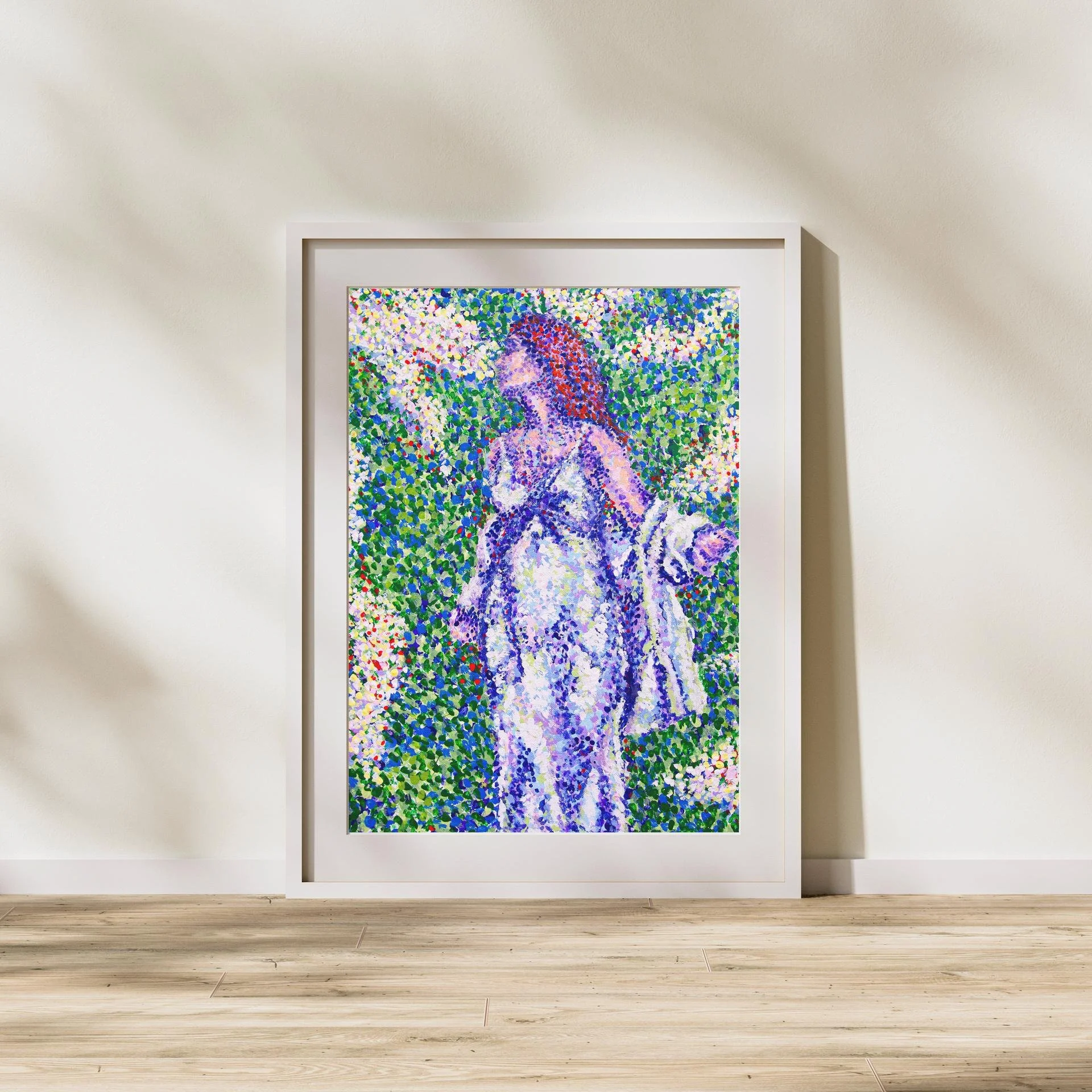 Original Fine Art Print | Pointillist Acrylic Painting of a Woman in White Dress with Flower Wall | Options Available