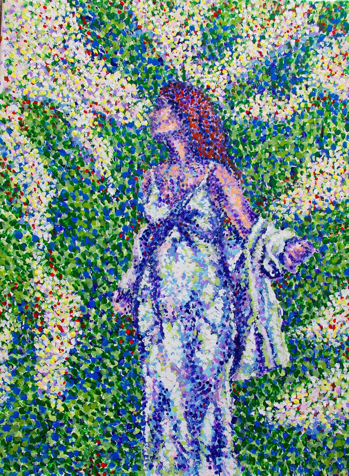 Original Fine Art Print | Pointillist Acrylic Painting of a Woman in White Dress with Flower Wall | Options Available