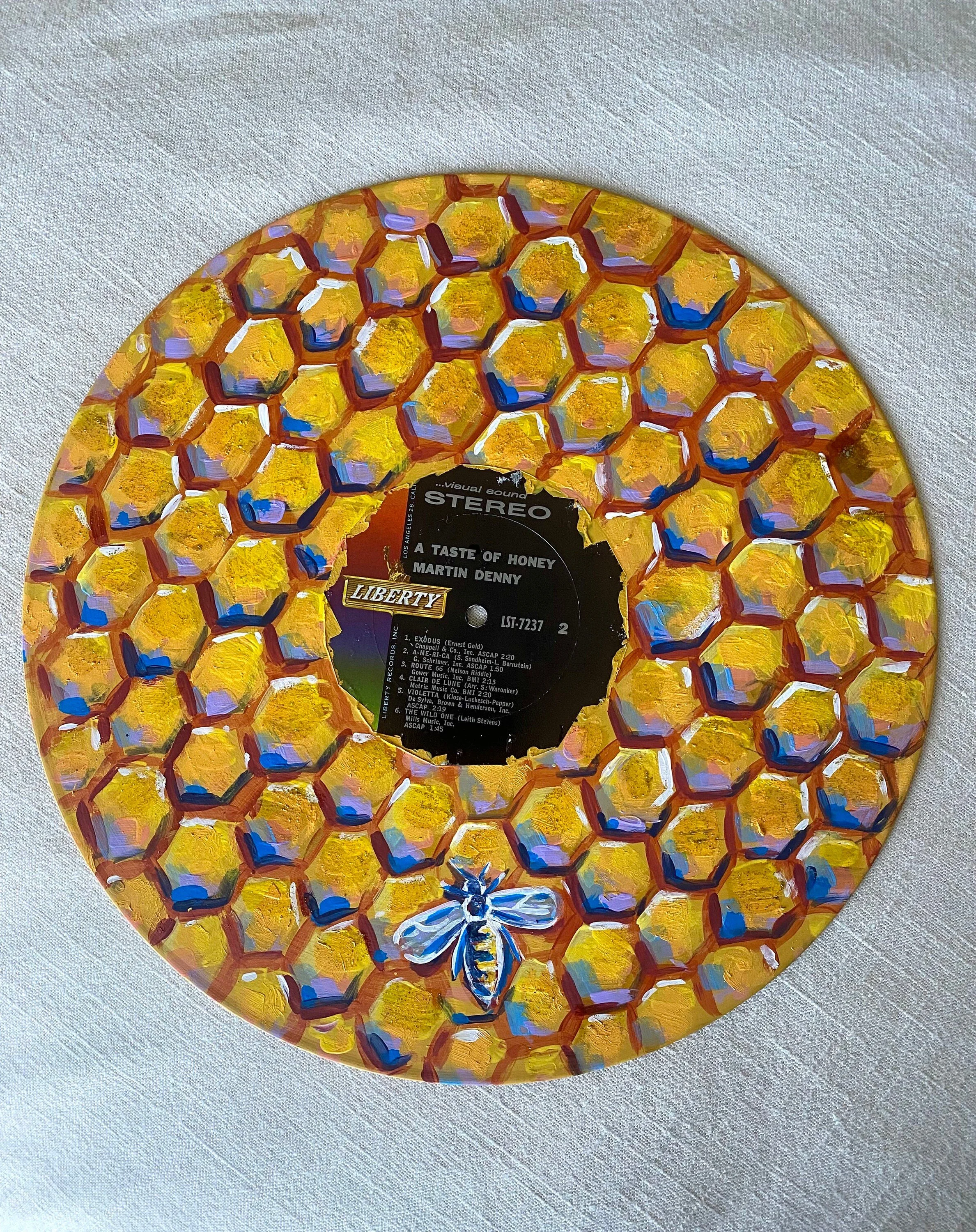 Original Wall Art Acrylic Painted Vinyl Record Gold Bumble Bee Honeycomb 12x12 inches