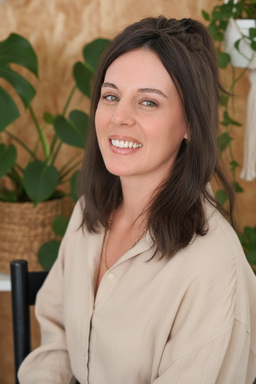 A woman with shoulder-length dark brown hair smiling at the camera, wearing a beige blouse and gold necklace, seated indoors with green leafy plants and a wooden wall in the background.