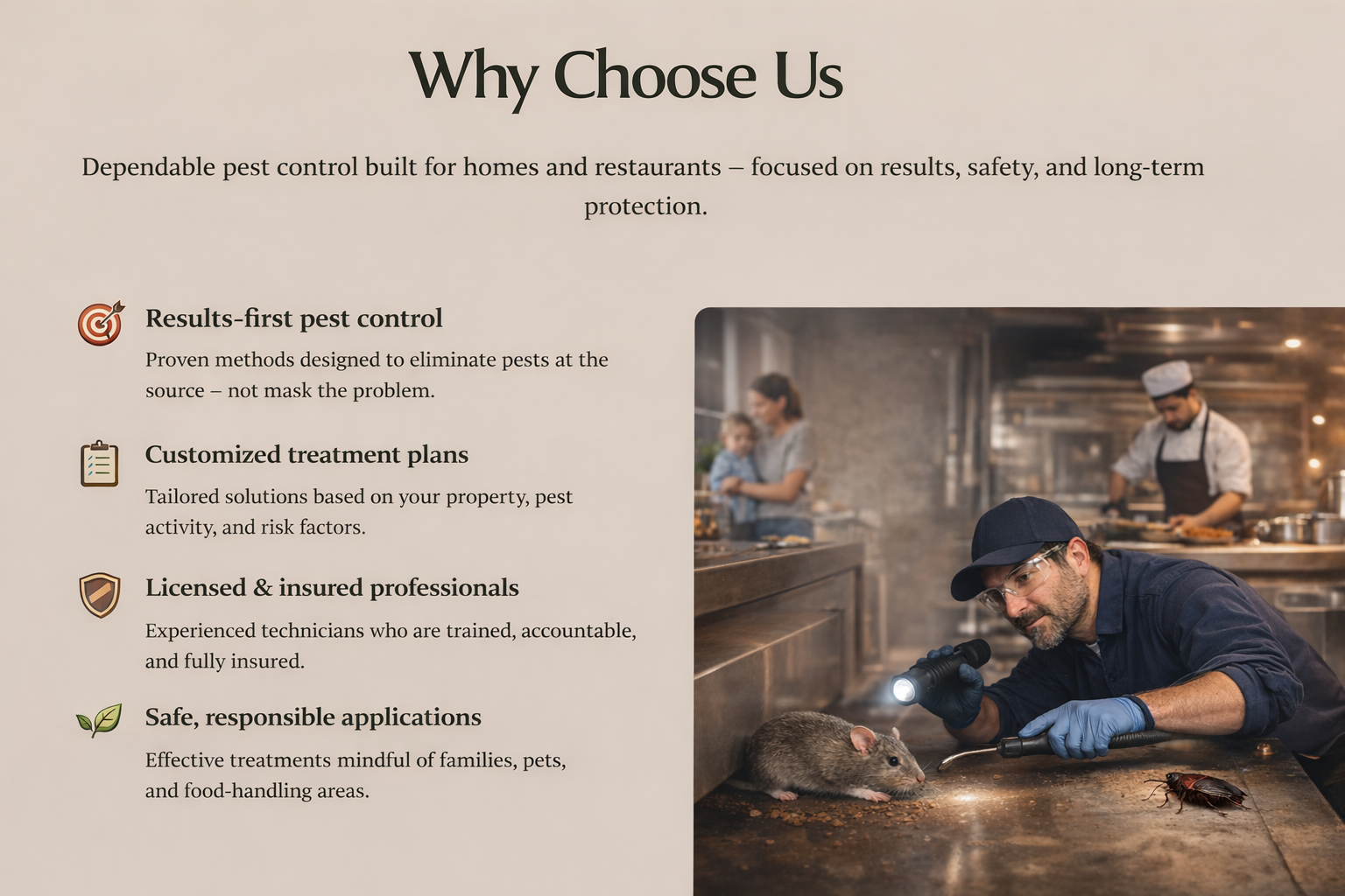 A pest control technician wearing gloves and a cap using a flashlight to examine a rat and a cockroach in a restaurant kitchen, with a woman and child in the background.