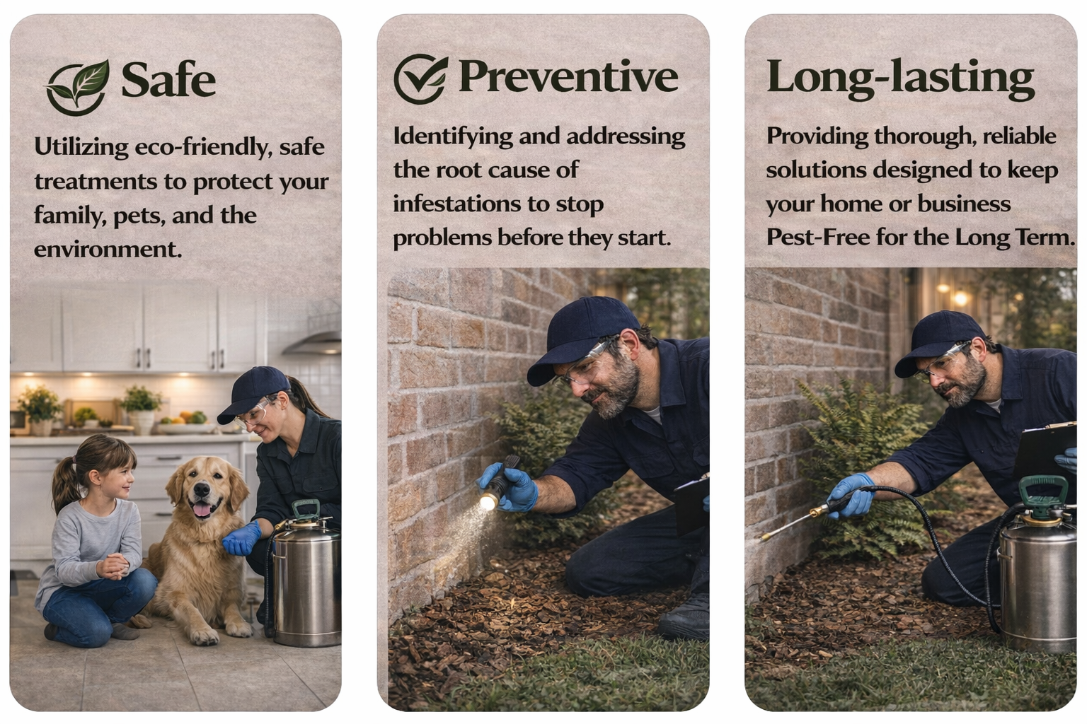 Three panels highlight pest control benefits. The first panel shows a woman with a dog and a girl in a kitchen, promoting eco-friendly, safe treatments. The second panel depicts a pest control technician inspecting a brick wall with a flashlight, emphasizing problem identification. The third panel shows the same technician applying treatment to the exterior of a building, focusing on long-lasting, reliable solutions.