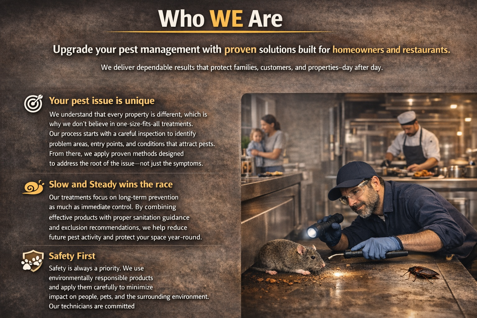 A promotional flyer for pest management services, featuring a man examining a mouse with a flashlight in a kitchen, with chefs working in the background.