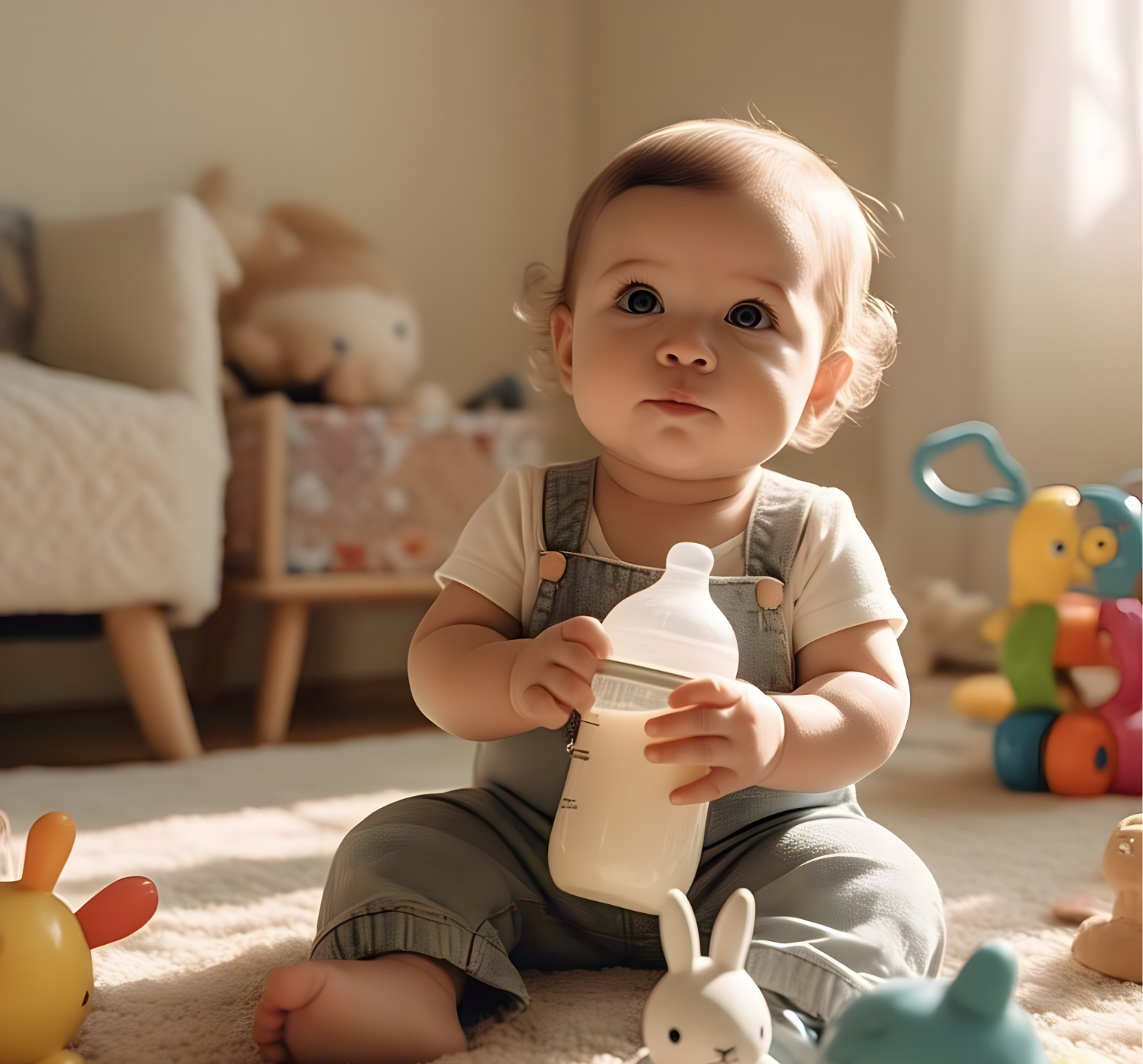 A young child sitting on a carpeted floor in brightly lit room, holding a baby bottle, surrounded by colorful toys including a bunny-shaped toy, and a plush animal on a chair in the background.