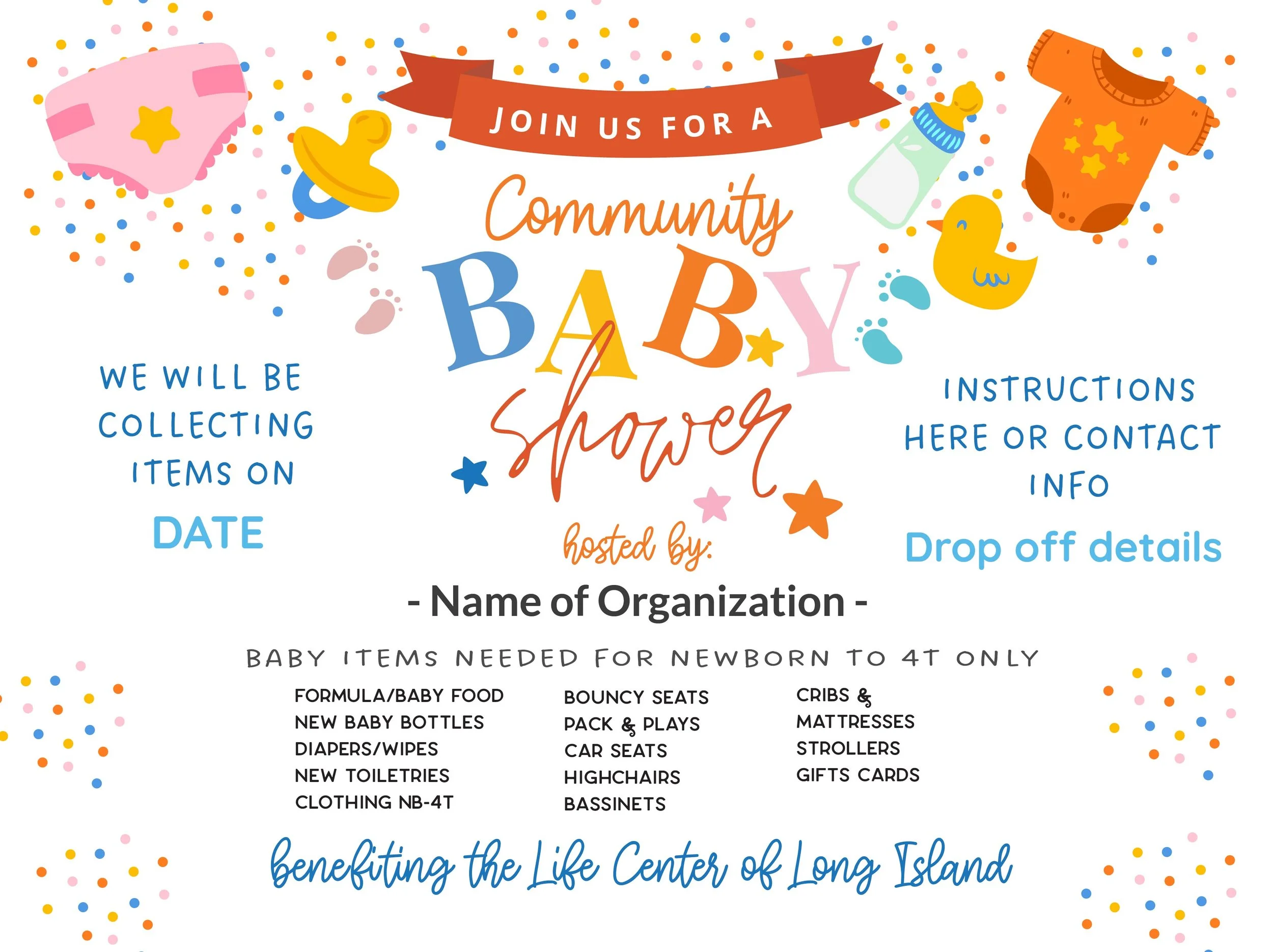 A colorful flyer for a community baby shower event with illustrations of baby items such as a pacifier, bottle, diaper, onesie, and duck, and information about the event including date, contact info, and list of baby items needed.