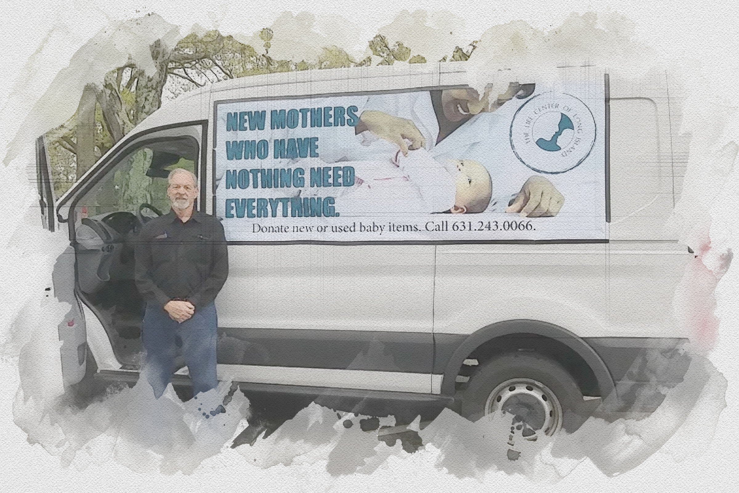 A man standing in front of a van with a sign that reads, 'New mothers who have nothing need everything.' The van has a logo for a nonprofit called 'The Center of Hope.' The man is smiling and dressed in black, standing on a street with trees in the background.