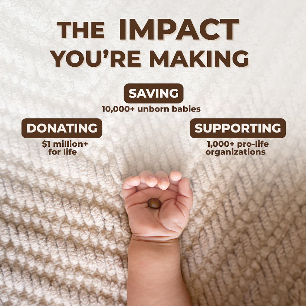 Infographic with text about the impact of actions on unborn babies, including saving over 10,000 babies, donating over $1 million, and supporting pro-life organizations; features a baby's hand holding a small object.