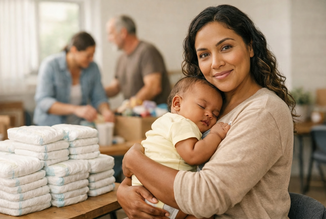 A woman holding a sleeping baby, with diapers stacked on a table in front of them and an older couple in the background.