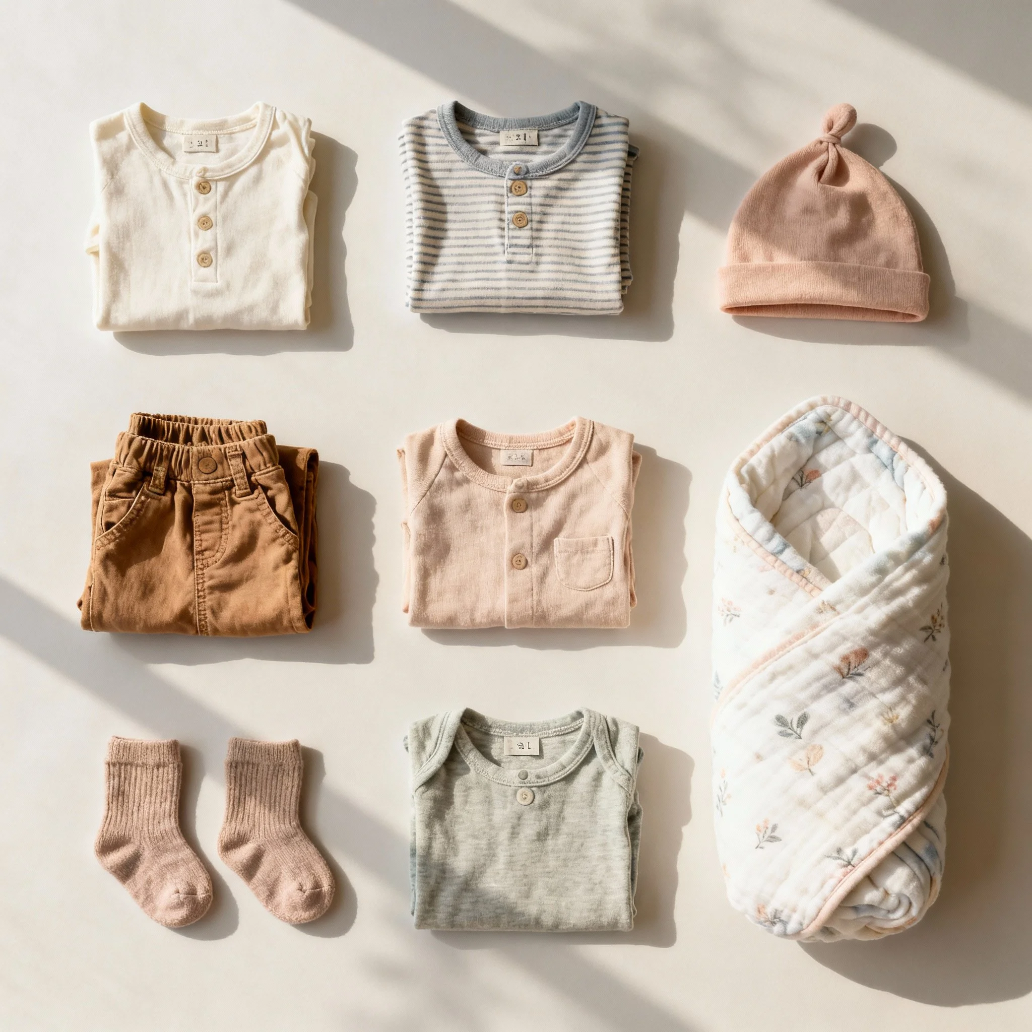 Folded baby clothes including a cream-colored top with buttons, a striped gray and white top with buttons, and a pink beanie hat with a knot, along with a pair of pink socks and a quilted blanket with a floral pattern.