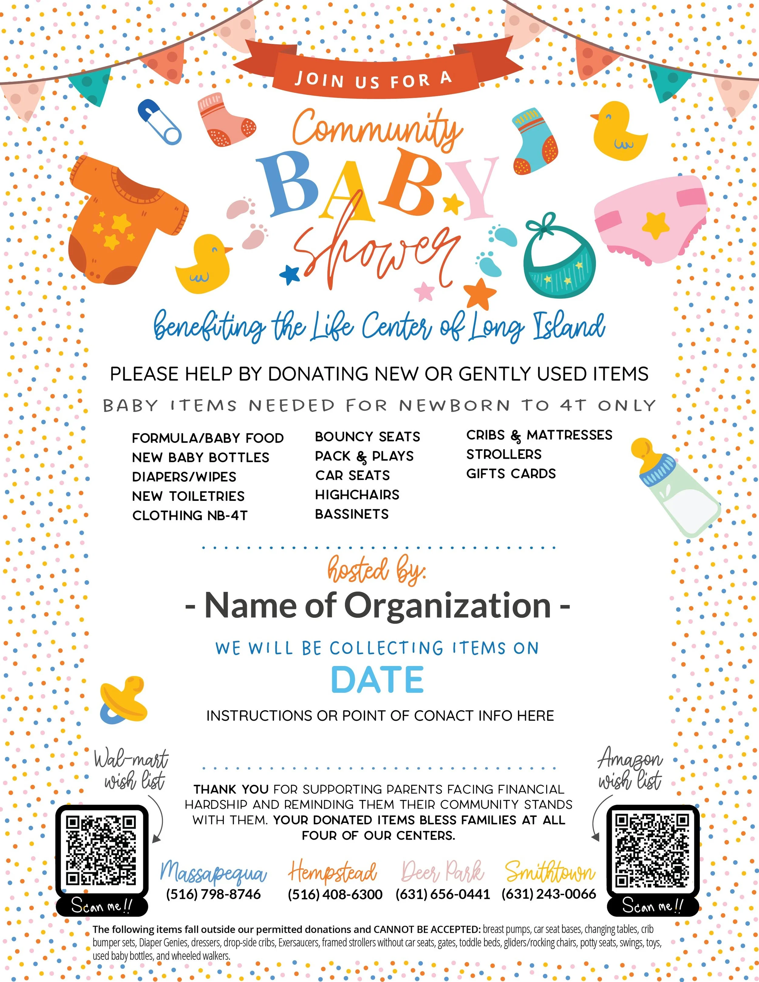 A colorful flyer for a community baby shower benefiting the Long Island Life Center. The flyer features illustrations of baby items such as bibs, bottles, socks, pacifiers, and ducks, as well as patterned bunting. Text provides details about donation items needed, event date, and locations for gift lists, with QR codes for further information.