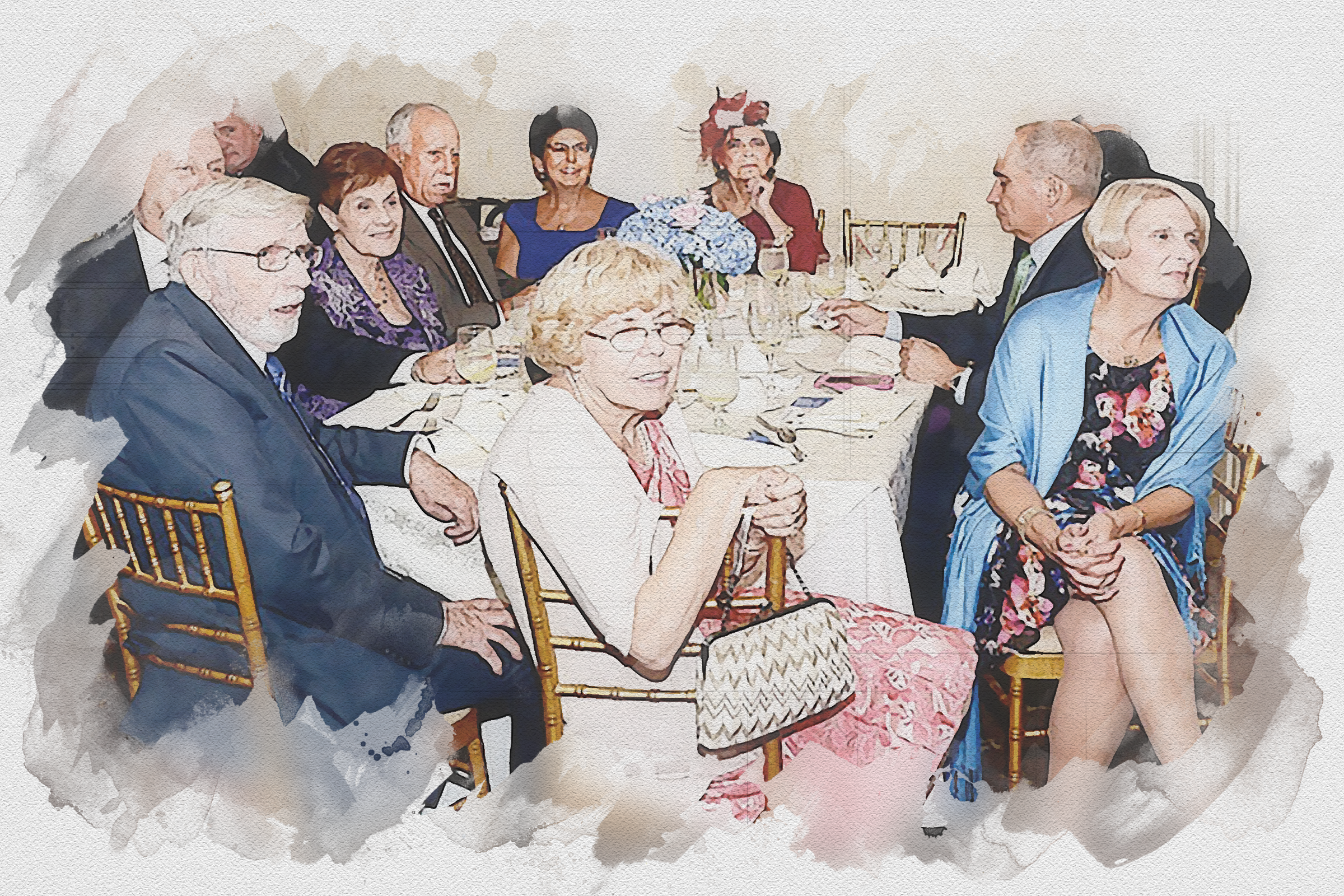 A watercolor-style illustration of people sitting around a dining table during a social event, with a floral centerpiece.