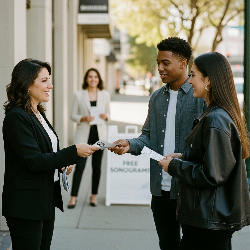 Image of sidewalk counselors talking to young people