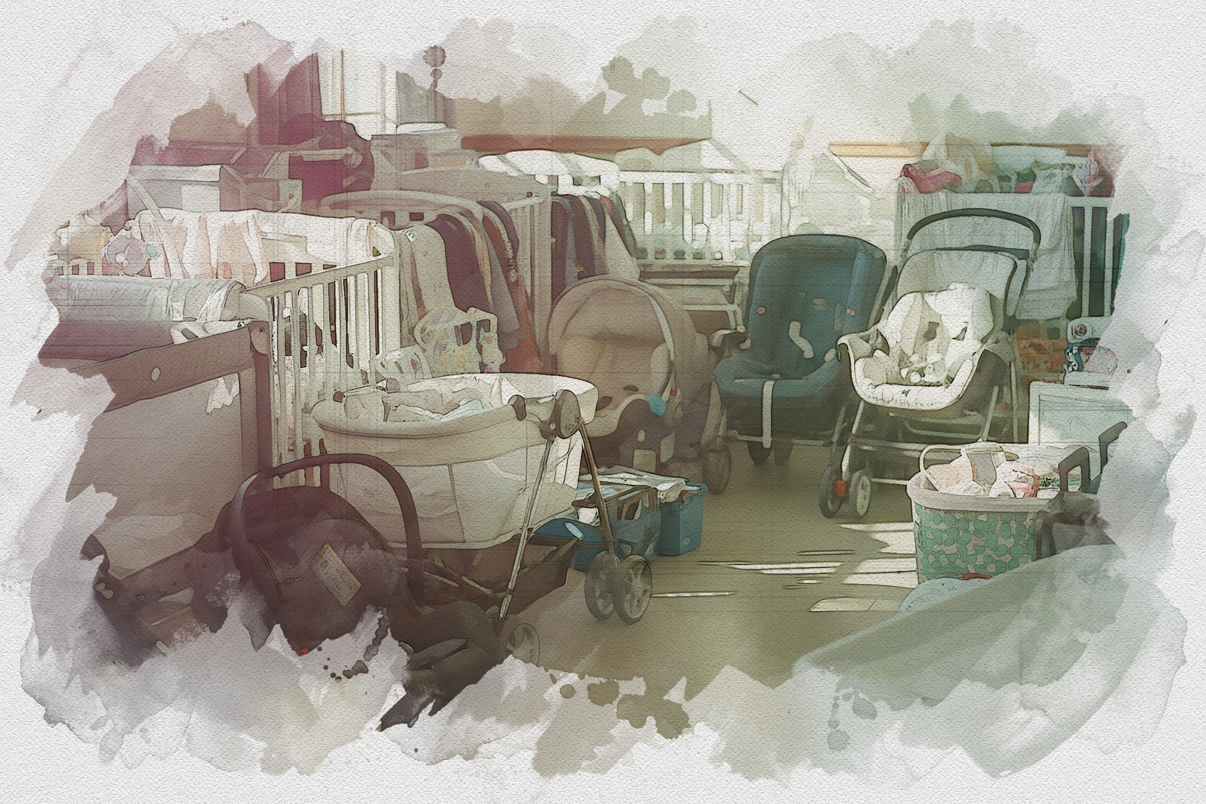 A room filled with children's toys and furniture, including cribs, strollers, chairs, and bins, with a watercolor filtering effect.