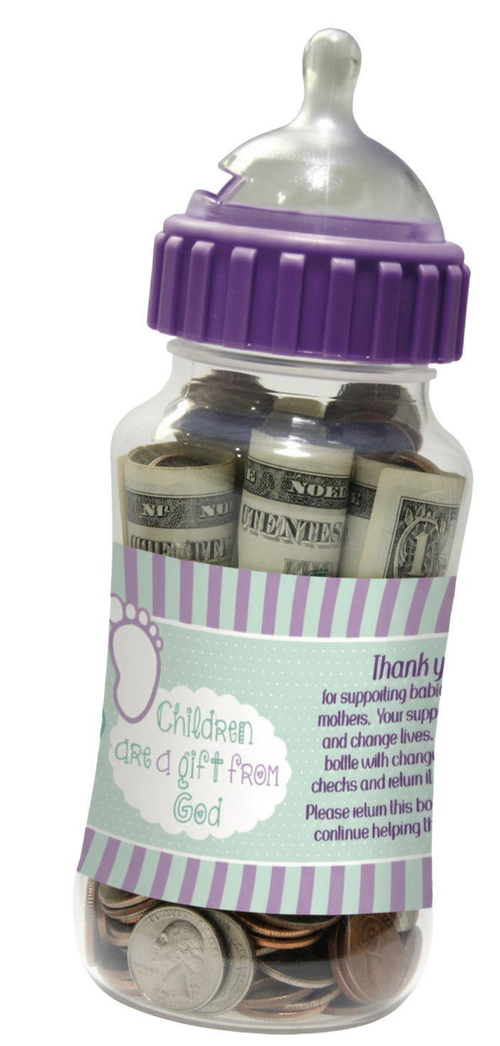 A baby bottle filled with rolled-up dollar bills and coins, with a purple cap and a label that reads 'Children are a gift from God'.