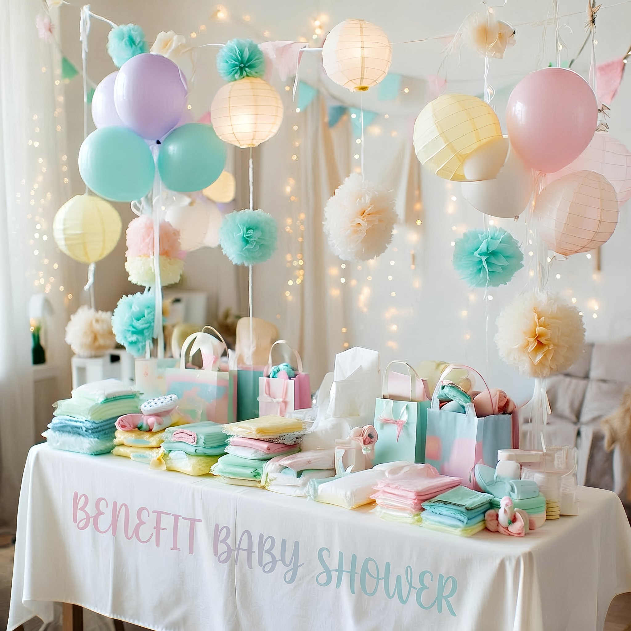 A table decorated with pastel-colored baby shower decorations, including balloons, tissue paper pom-poms, and a tablecloth with pastel lettering.