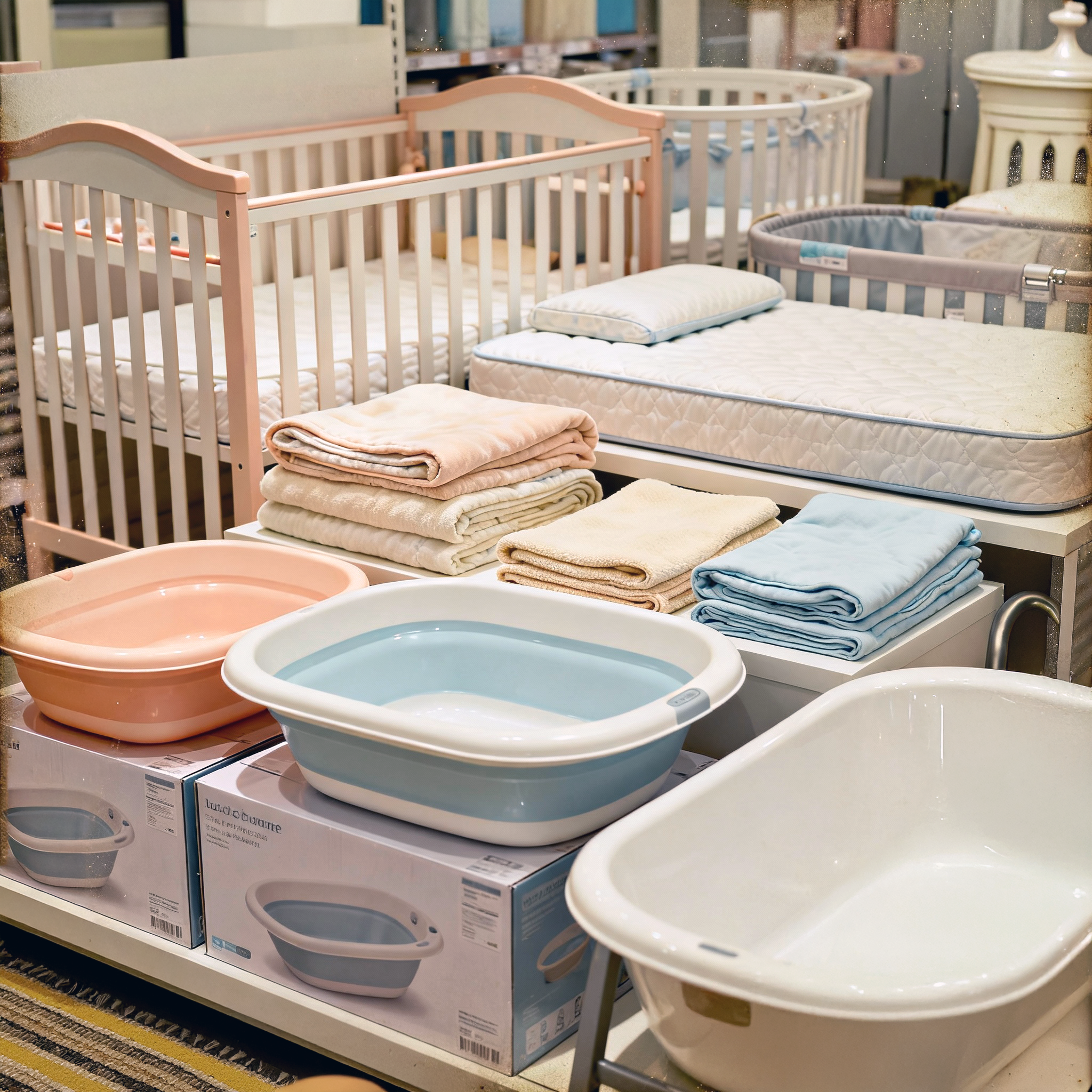 Display of baby bathtubs and accessories in a store aisle.