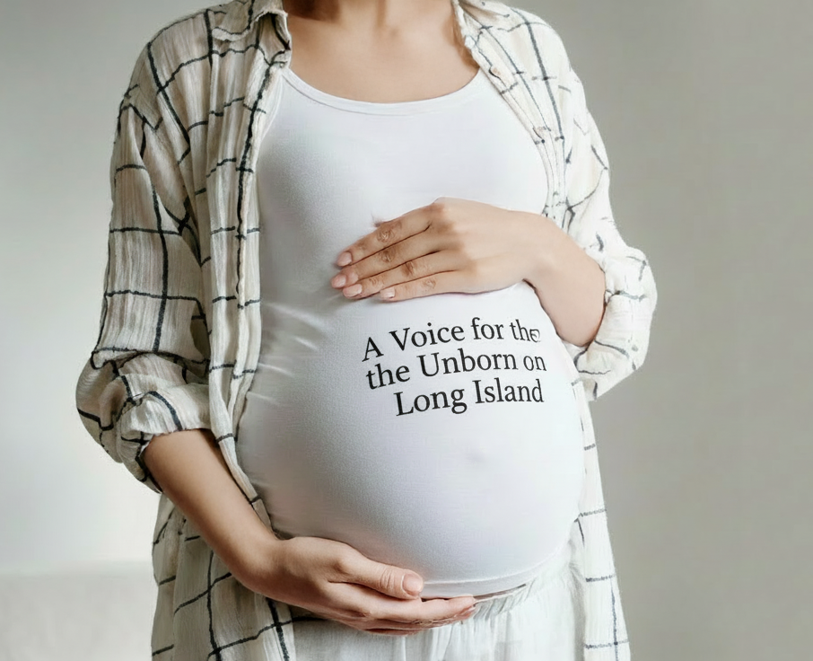 Pregnant women with a tshirt that reads a voice of the unborn on Long Island