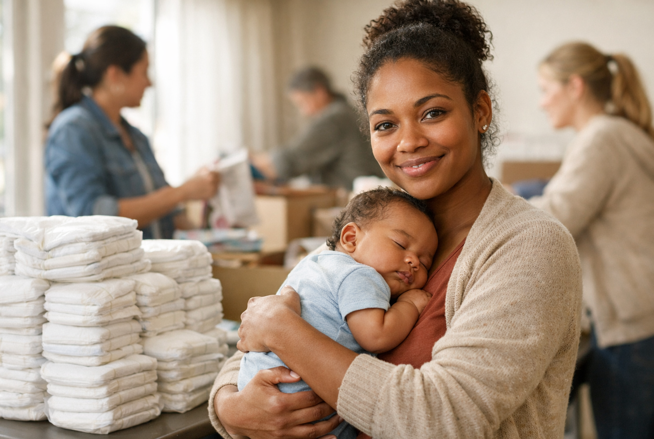 A woman holding a sleeping baby in a room with stacks of diapers and people working in the background.